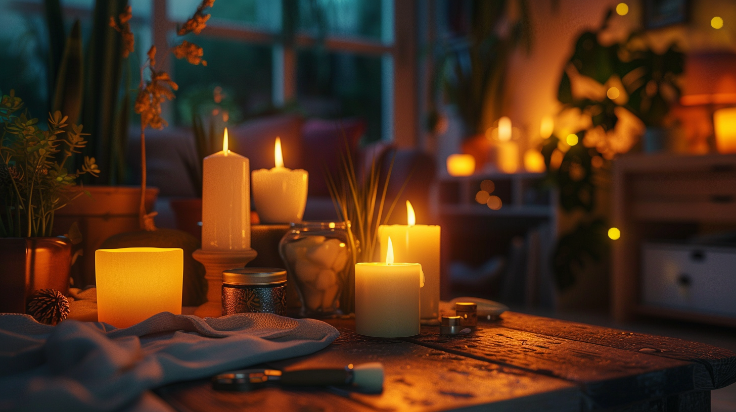 variety of candles of different sizes and shapes, arranged around a small, cozy room, with a focus on a candle snuffer and a wick trimmer positioned prominently in the foreground