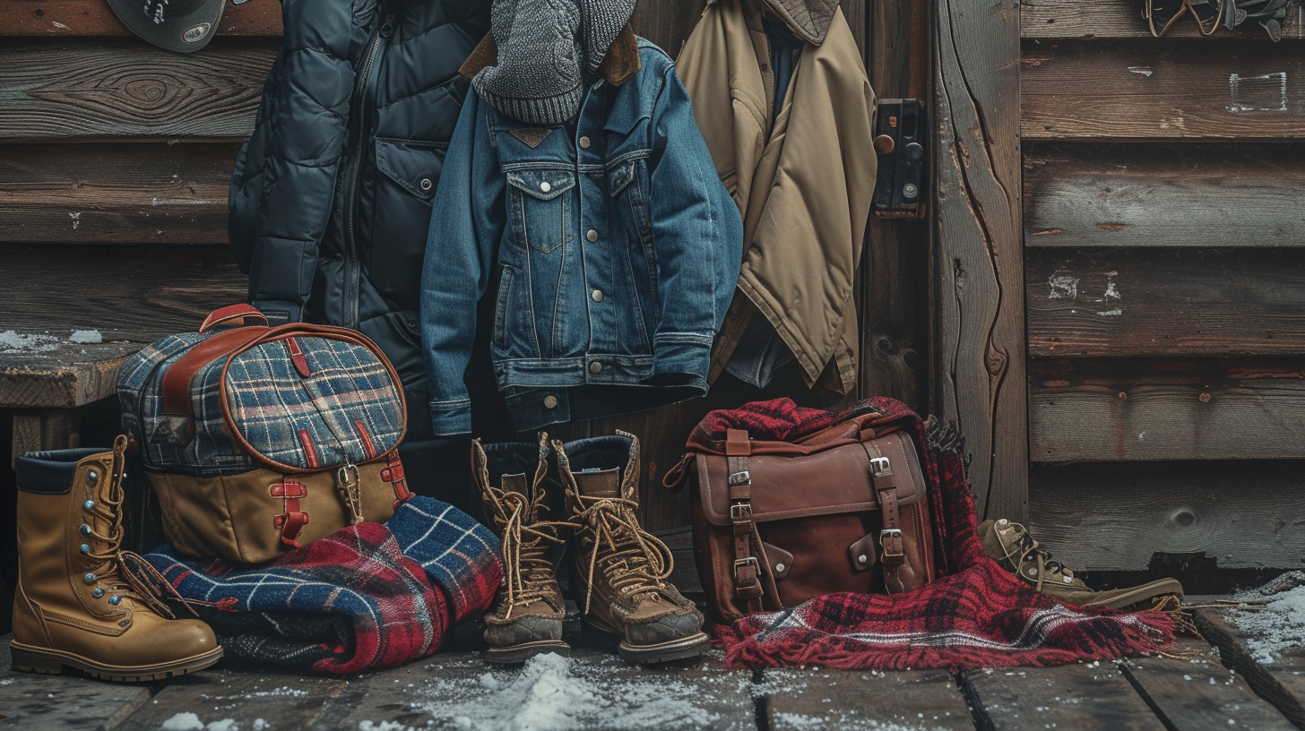 various fabrics such as denim, wool, and leather artistically draped over survival gear