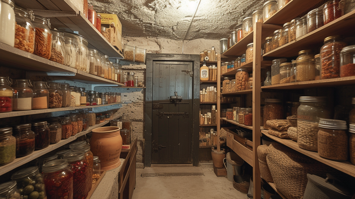 well-organized underground bunker pantry, with shelves of preserved foods, a root cellar door, all efficiently arranged in a limited space 
