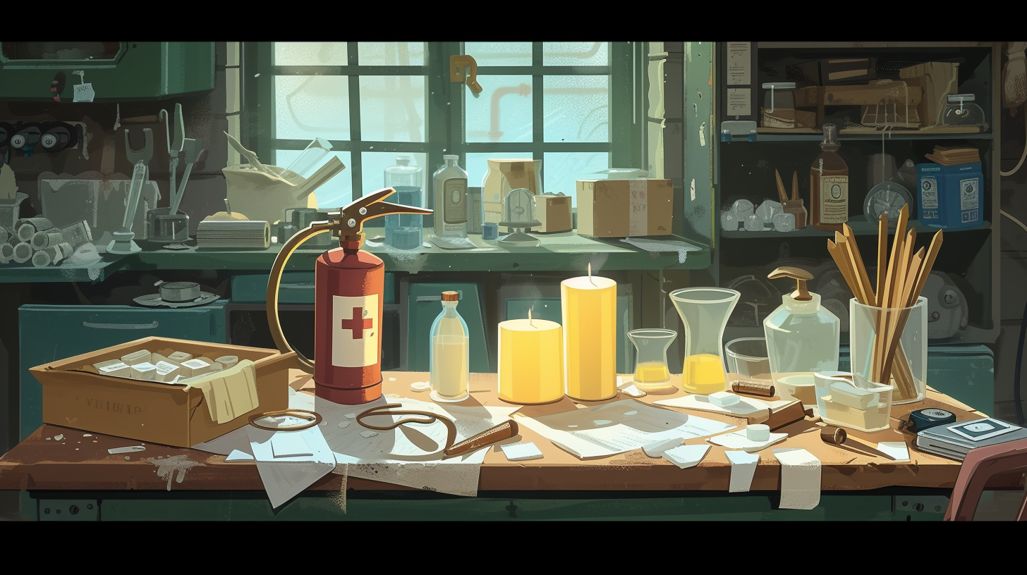 well-ventilated workshop with a fire extinguisher, safety goggles, gloves, and a first aid kit on a table surrounded by candle-making supplies like wax, wicks, and molds