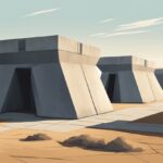 A row of concrete bunkers stands stark against a barren landscape, their angular shapes casting long shadows in the harsh sunlight